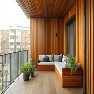 Modern Balcony Design with Wooden Panel Wall with Grooves